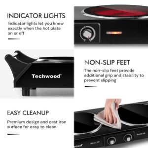 Hot Plate, Techwood 1800W Electric Stove, Countertop Double Burners for Cooking, Infrared Ceramic Dual Cooktops, Brushed Stainless Steel, Black