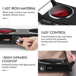 Hot Plate, Techwood 1800W Electric Stove, Countertop Double Burners for Cooking, Infrared Ceramic Dual Cooktops, Brushed Stainless Steel, Black