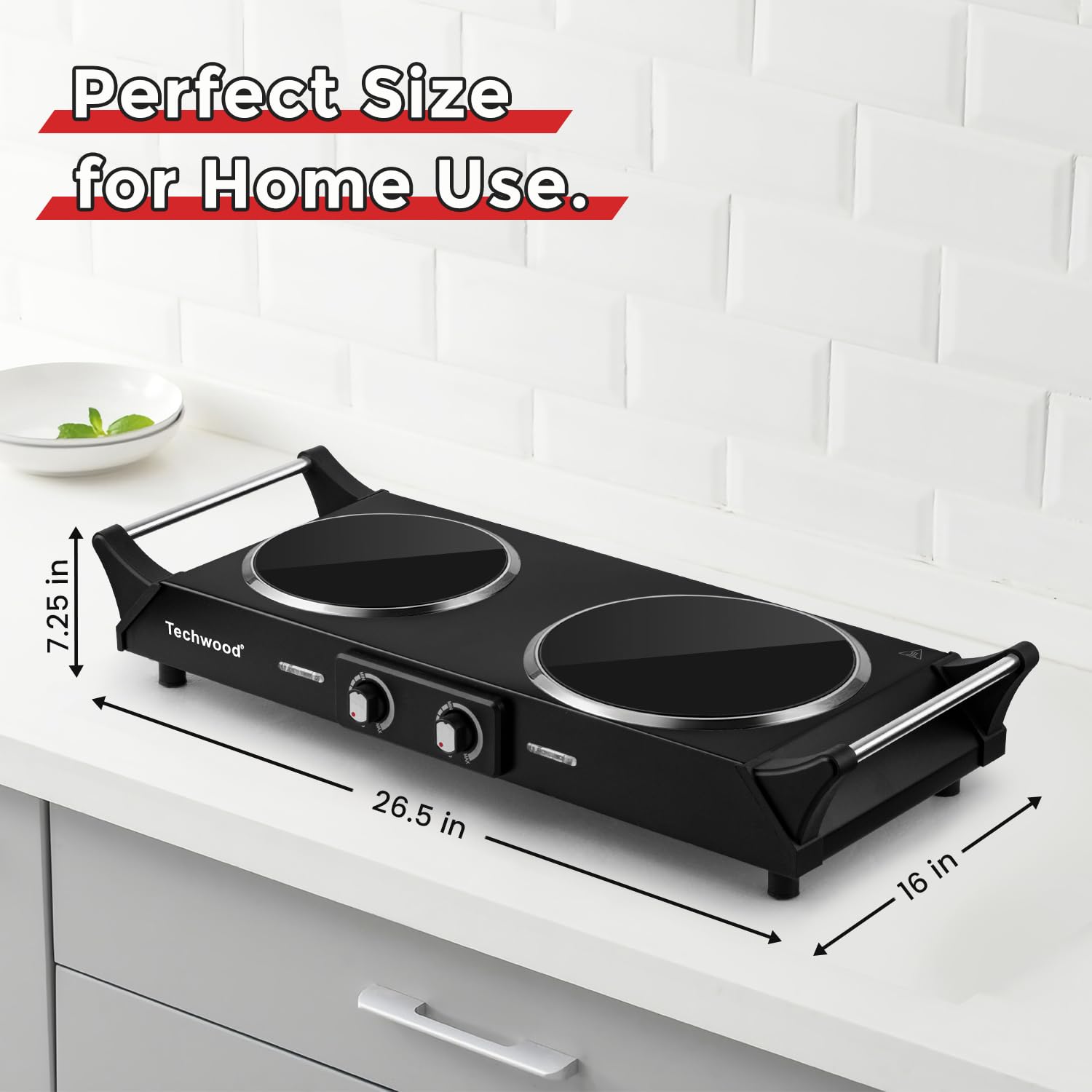 Hot Plate, Techwood 1800W Electric Stove, Countertop Double Burners for Cooking, Infrared Ceramic Dual Cooktops, Brushed Stainless Steel, Black