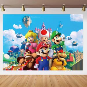 super brother backdrop for birthday party decorations, mario background for baby shower party cake table decorations supplies, mario theme banner (m-ft-5)
