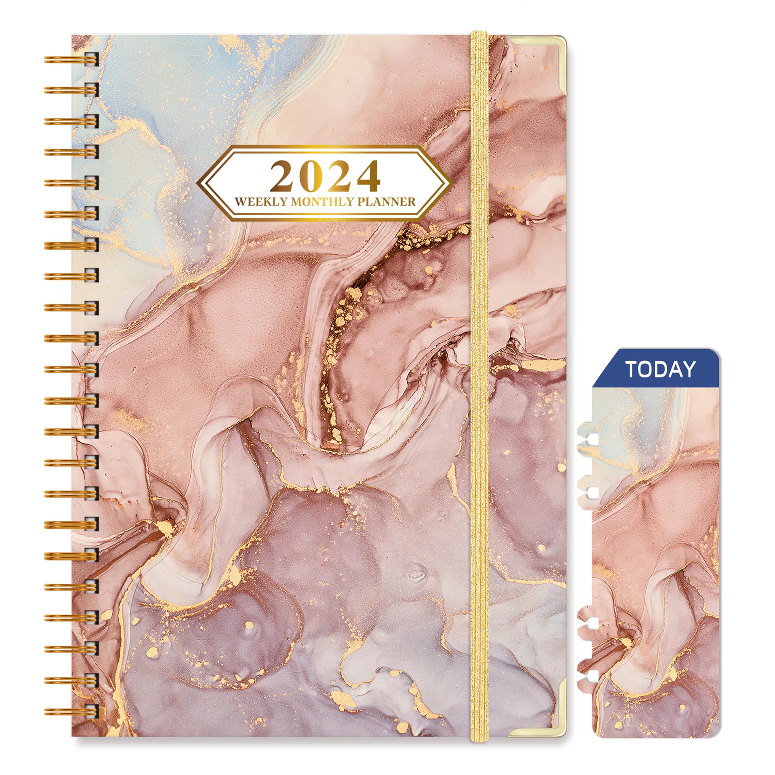 Knagsfa 2024 Monthly Planner, Jan 2024 - Dec 2024 Weekly Monthly Planner 6.5" x 8.5" with Page Tabs, Calendar Hardcover with Inner Pocket, Elastic Band, Twin-Wire Binding, Bookmark,Salmon Pink Marble