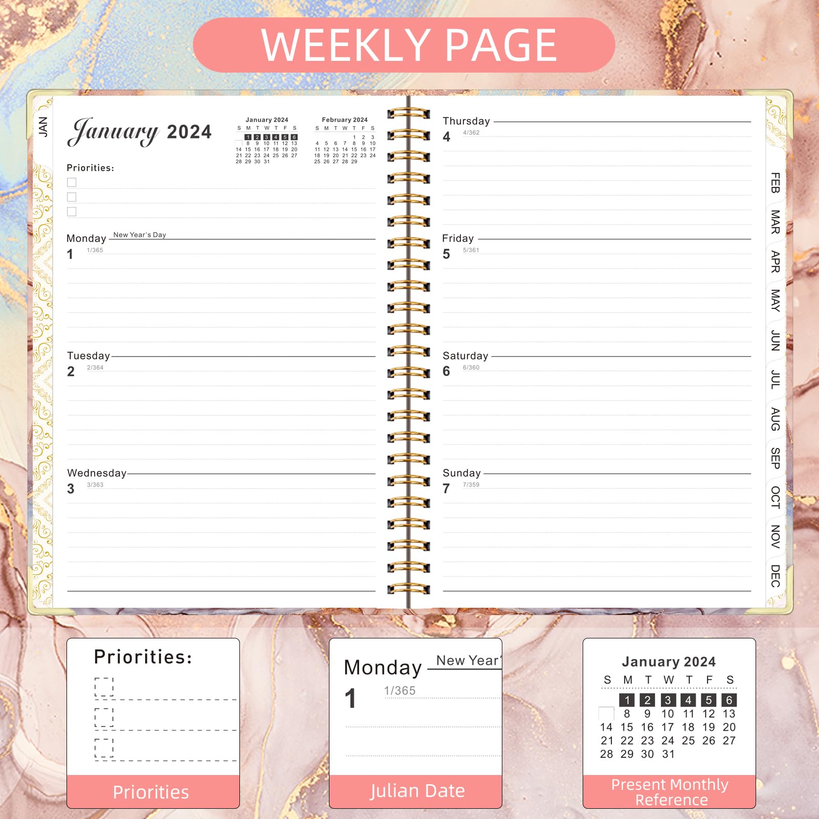 Knagsfa 2024 Monthly Planner, Jan 2024 - Dec 2024 Weekly Monthly Planner 6.5" x 8.5" with Page Tabs, Calendar Hardcover with Inner Pocket, Elastic Band, Twin-Wire Binding, Bookmark,Salmon Pink Marble