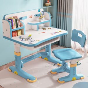 kid desk, desk and chair set, study desk, children table and chair set, widened desktop with tilt book stand drawer cartoon pattern height adjustable school study desk set for boys girls (3-5 days)