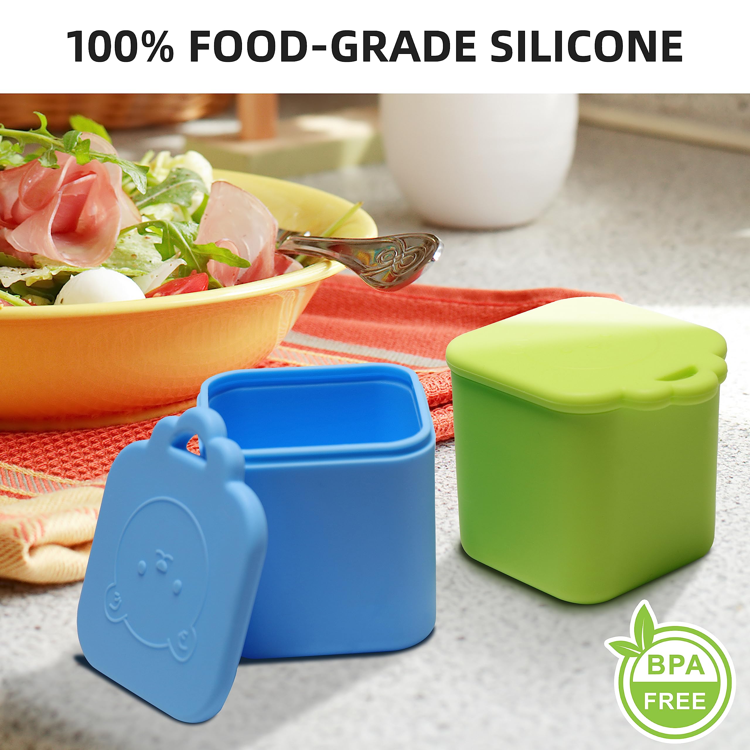 MUUPEG 2PCS Dips Containers Fits Most Bento Lunch Box To Go, Leakproof Salad Dressing Container Fits Lunch Box for Kids, Food Grade Silicone Condiment Container with Lids (Blue & Green)