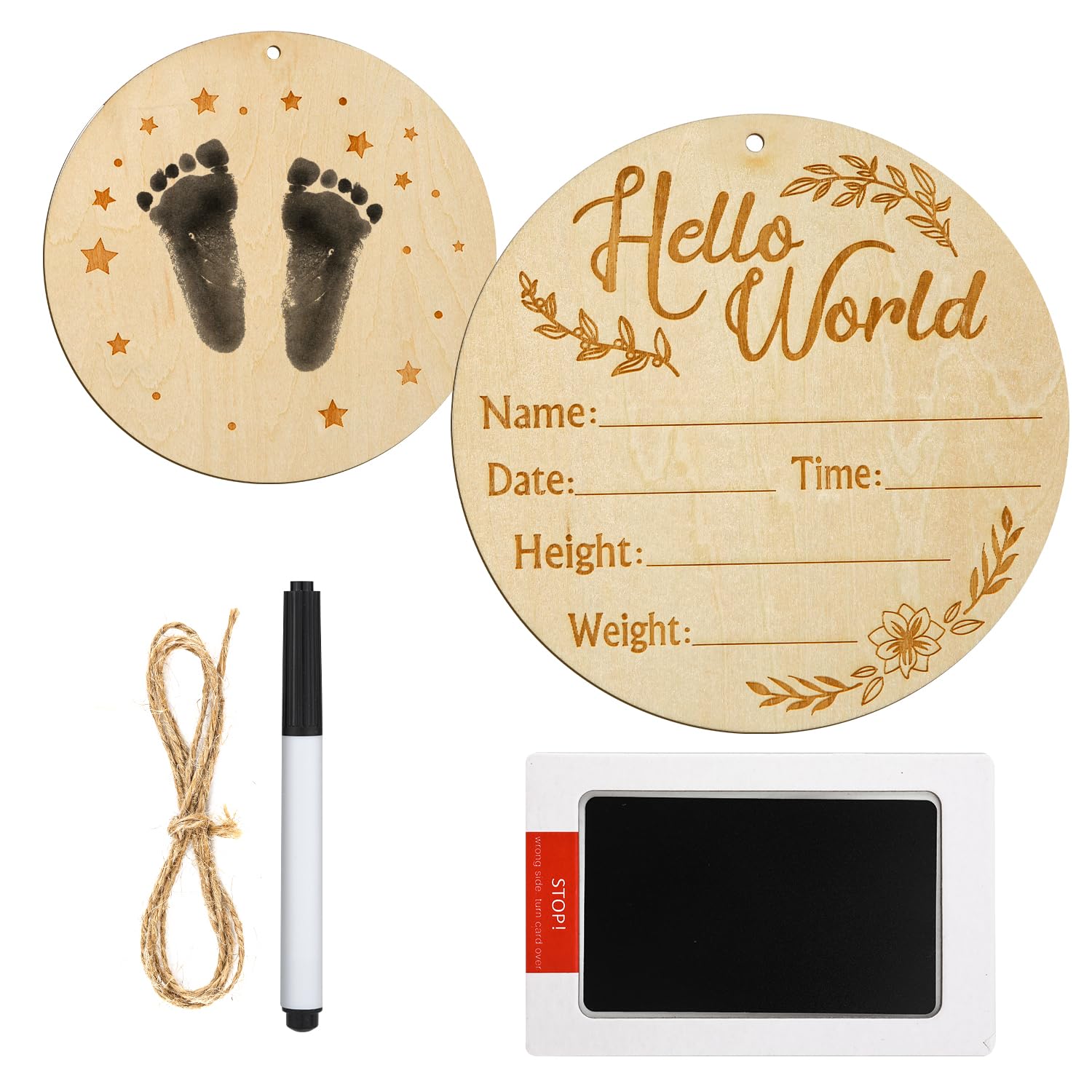 Baby Announcement Sign, 5.9 Inch Double Side Wooden Hello World Newborn Sign Baby Birth Announcement Sign Round Name Plaque with Ink Pad for Hospital Baby Nursery Photo Props