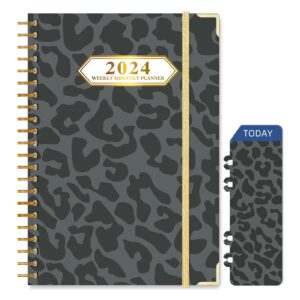 knagsfa 2024 monthly planner, jan 2024 - dec 2024 weekly monthly planner 6.5" x 8.5" with page tabs, calendar hardcover with inner pocket, elastic band, twin-wire binding, bookmark,black leopard
