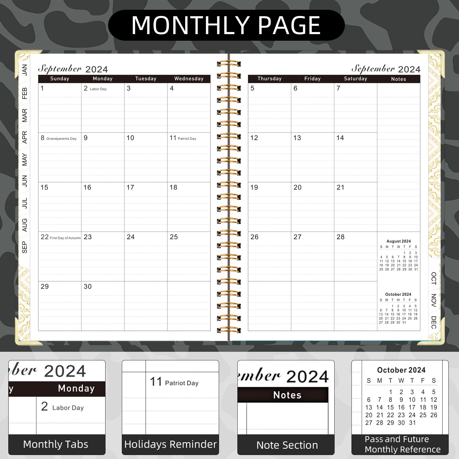 Knagsfa 2024 Monthly Planner, Jan 2024 - Dec 2024 Weekly Monthly Planner 6.5" x 8.5" with Page Tabs, Calendar Hardcover with Inner Pocket, Elastic Band, Twin-Wire Binding, Bookmark,Black Leopard