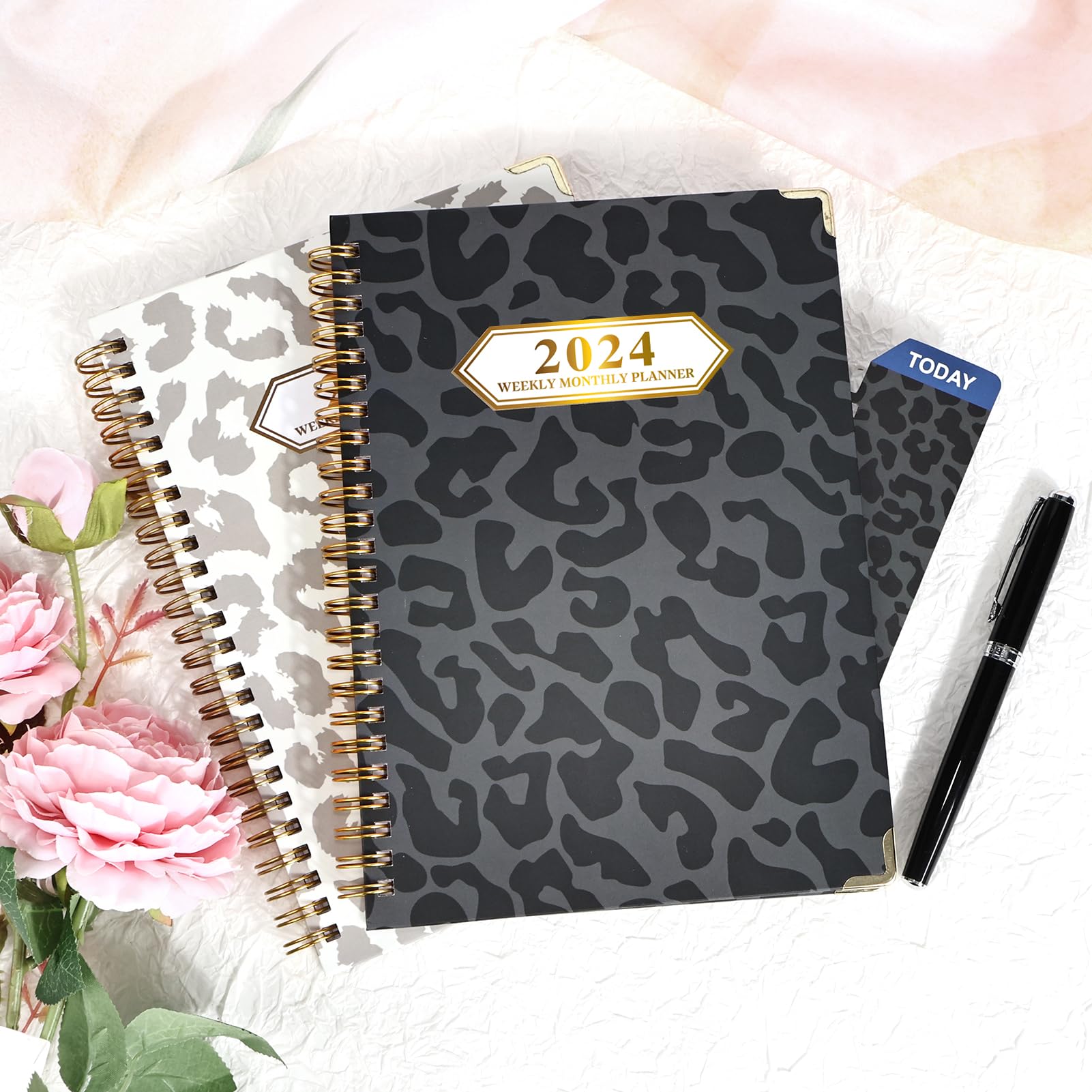 Knagsfa 2024 Monthly Planner, Jan 2024 - Dec 2024 Weekly Monthly Planner 6.5" x 8.5" with Page Tabs, Calendar Hardcover with Inner Pocket, Elastic Band, Twin-Wire Binding, Bookmark,Black Leopard