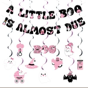 a little boo is almost due banner,pink black halloween baby shower party decorations for girl,little boo banner and feeding bottle bat spooky hanging swirls for halloween baby gender reveal supplies