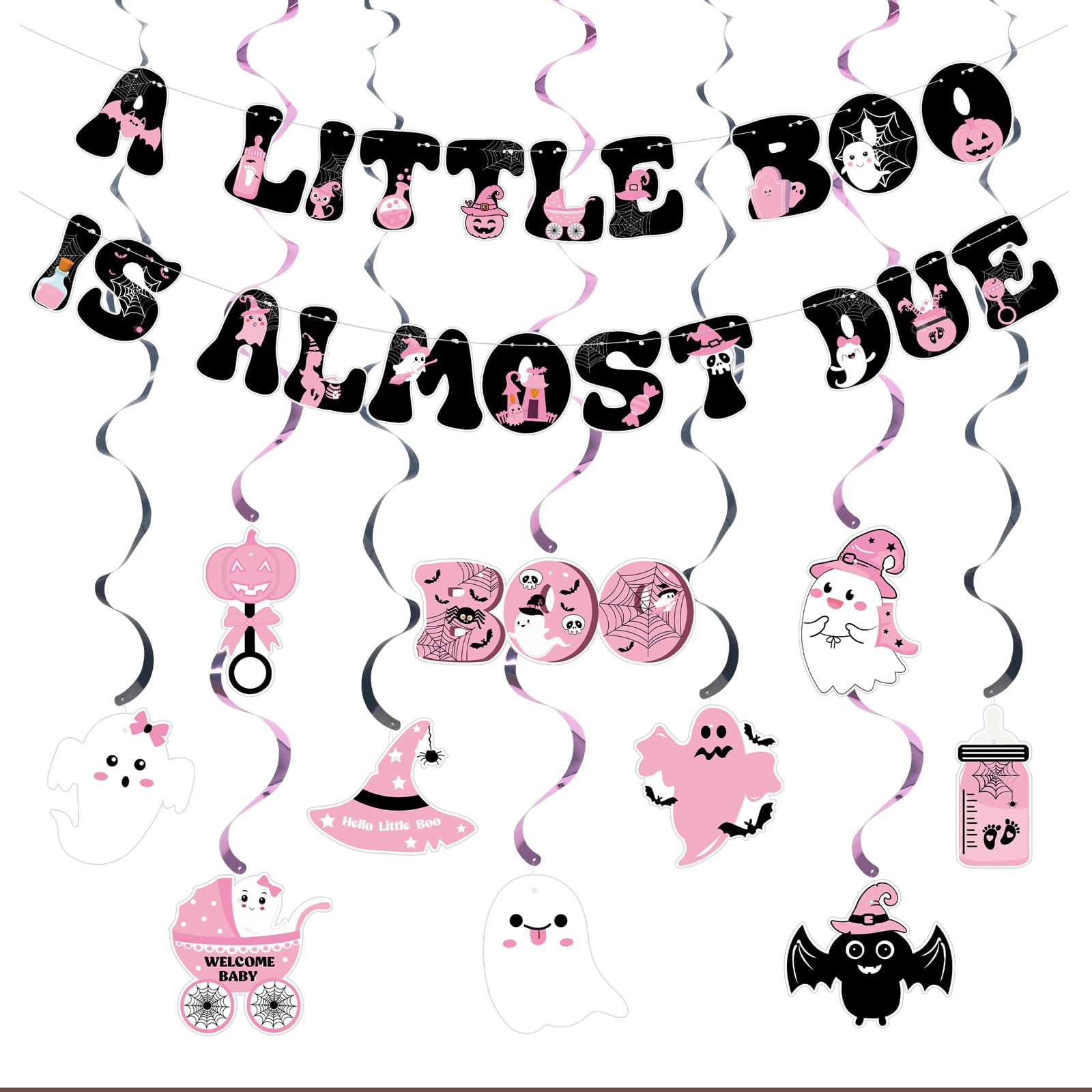 A little Boo Is Almost Due Banner,Pink Black Halloween Baby Shower Party Decorations for Girl,Little Boo Banner and Feeding Bottle Bat Spooky Hanging Swirls for Halloween Baby Gender Reveal Supplies