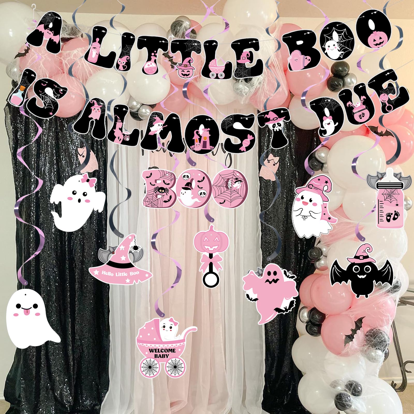 A little Boo Is Almost Due Banner,Pink Black Halloween Baby Shower Party Decorations for Girl,Little Boo Banner and Feeding Bottle Bat Spooky Hanging Swirls for Halloween Baby Gender Reveal Supplies