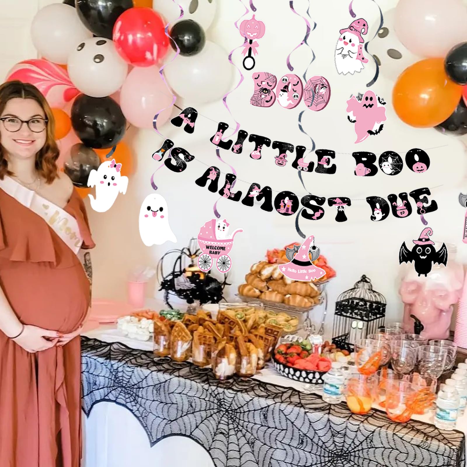 A little Boo Is Almost Due Banner,Pink Black Halloween Baby Shower Party Decorations for Girl,Little Boo Banner and Feeding Bottle Bat Spooky Hanging Swirls for Halloween Baby Gender Reveal Supplies