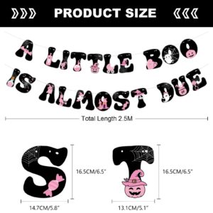 A little Boo Is Almost Due Banner,Pink Black Halloween Baby Shower Party Decorations for Girl,Little Boo Banner and Feeding Bottle Bat Spooky Hanging Swirls for Halloween Baby Gender Reveal Supplies