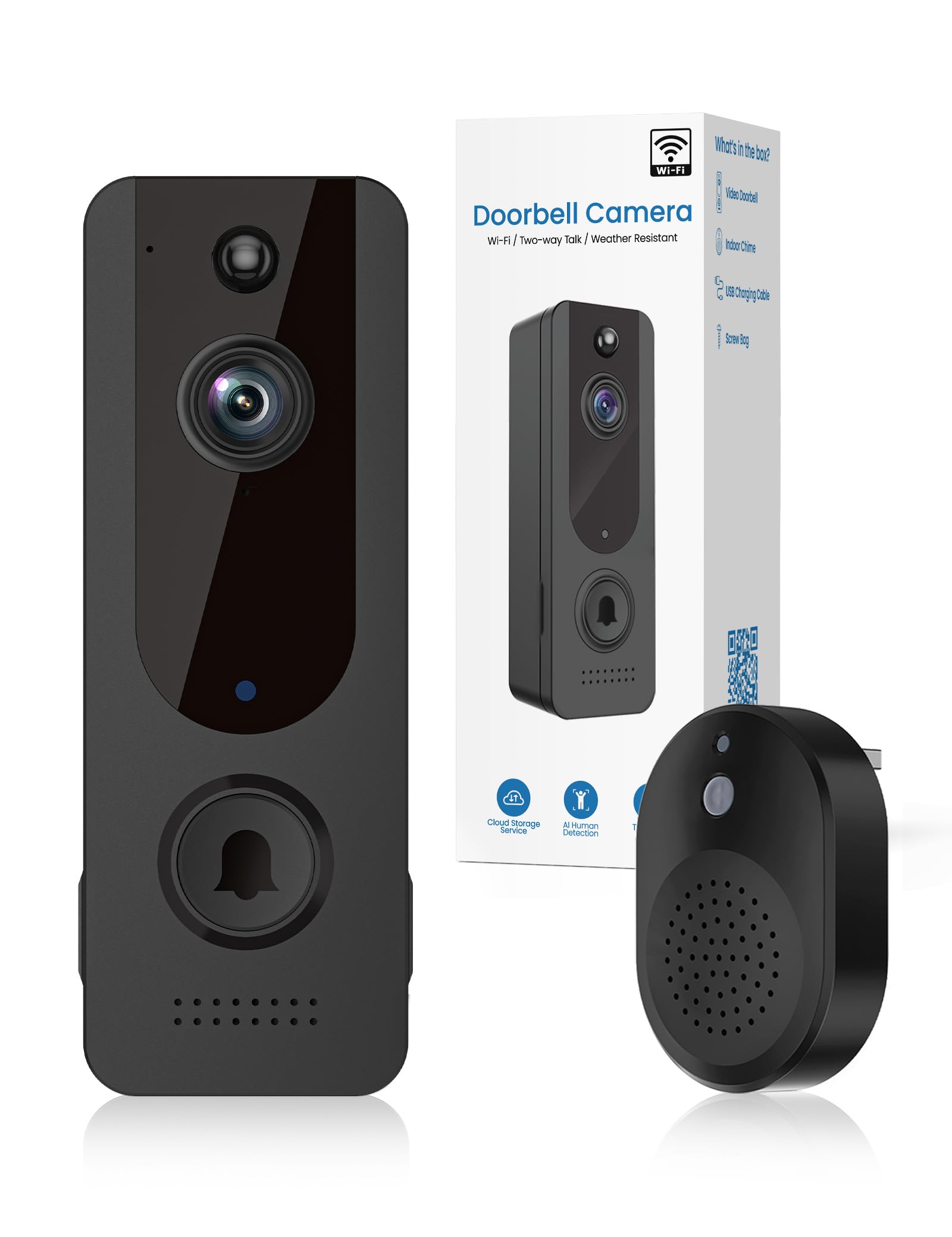 BITEPASS Smart Video Doorbell Camera Wireless with Ring Chime, AI Human Detection, 2-Way Audio, HD Live View, Night Vision, Cloud Storage, Battery Powered, 2.4G WiFi Only