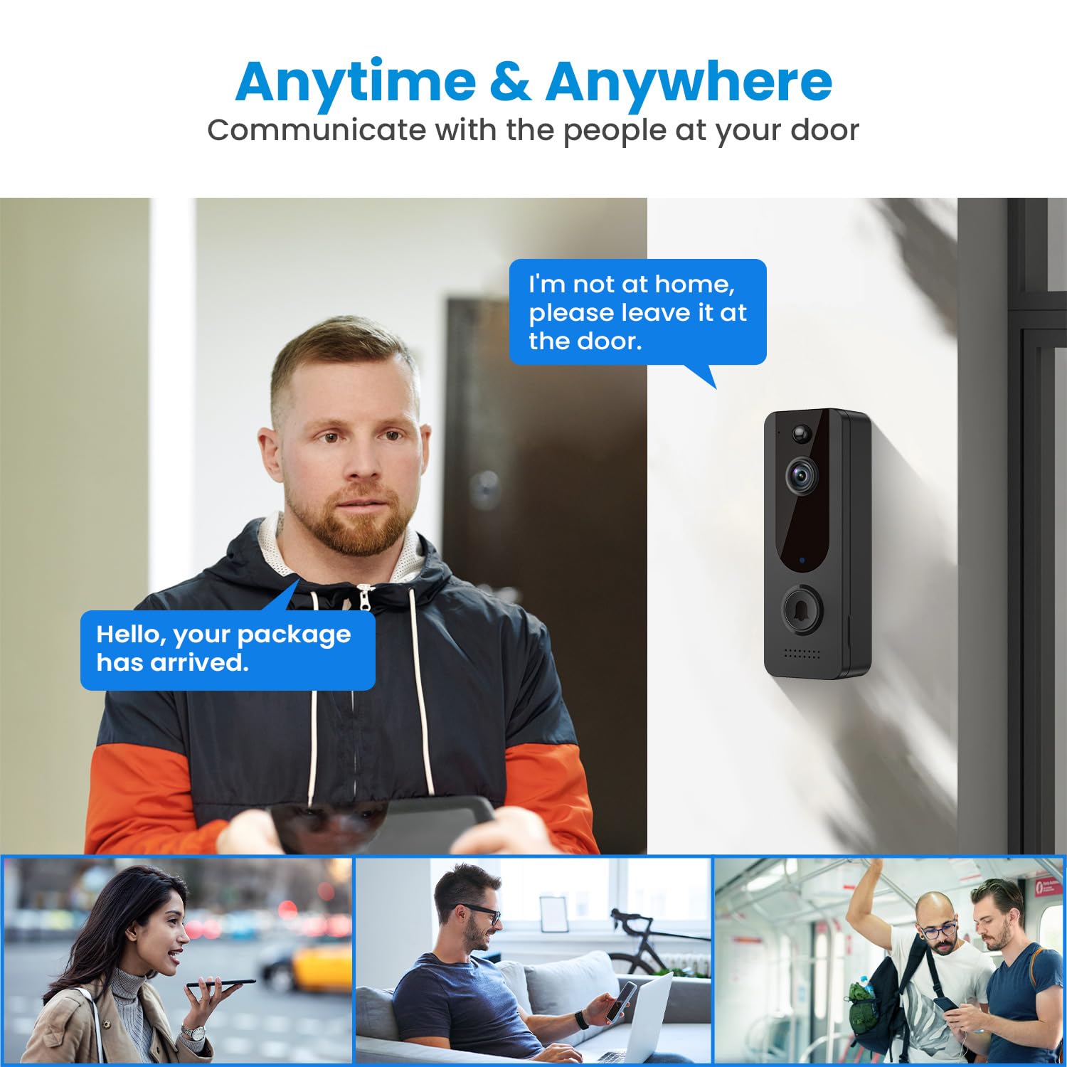 BITEPASS Smart Video Doorbell Camera Wireless with Ring Chime, AI Human Detection, 2-Way Audio, HD Live View, Night Vision, Cloud Storage, Battery Powered, 2.4G WiFi Only