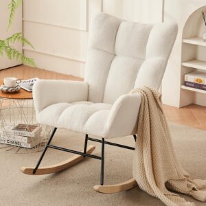 sudwesto modern nursery rocking chair, upholstered glider chair with high backrest, rocker accent armchair with solid wood legs for nursery bedroom living room (cold white teddy)