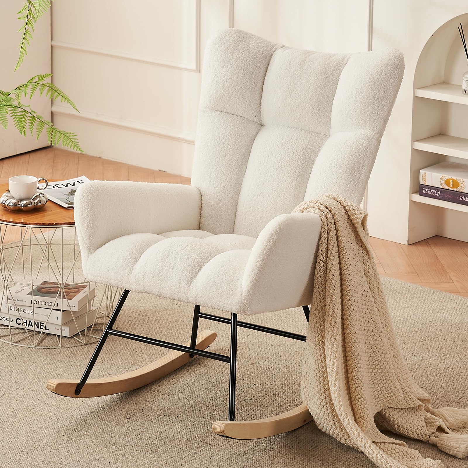 Sudwesto Modern Nursery Rocking Chair, Upholstered Glider Chair with High Backrest, Rocker Accent Armchair with Solid Wood Legs for Nursery Bedroom Living Room (Cold White Teddy)