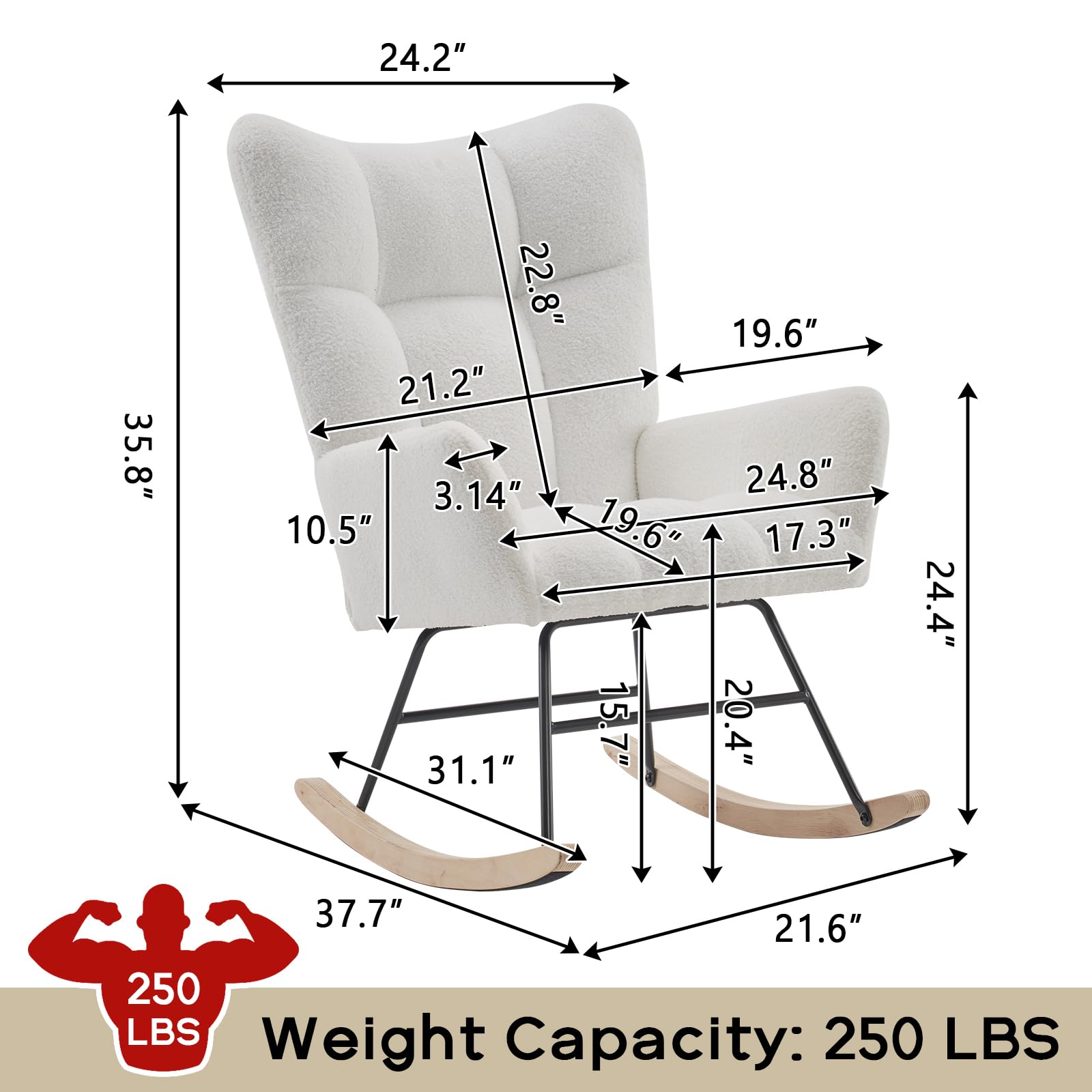 Sudwesto Modern Nursery Rocking Chair, Upholstered Glider Chair with High Backrest, Rocker Accent Armchair with Solid Wood Legs for Nursery Bedroom Living Room (Cold White Teddy)