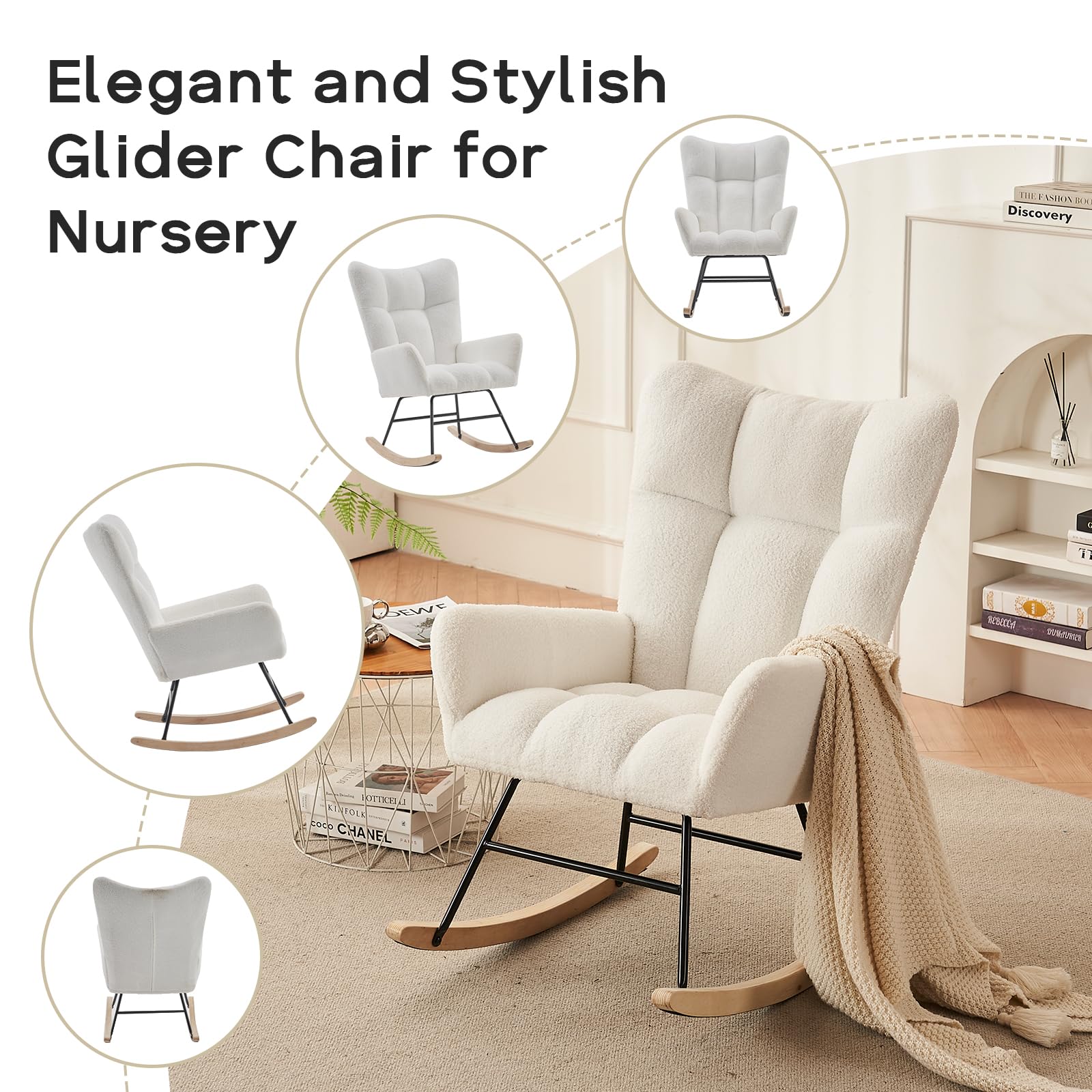 Sudwesto Modern Nursery Rocking Chair, Upholstered Glider Chair with High Backrest, Rocker Accent Armchair with Solid Wood Legs for Nursery Bedroom Living Room (Cold White Teddy)