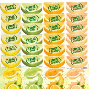 true lemon, true lime, true orange, true grapefruit, varrirty pack 100 count, on-the-go powdered drink mix variety pack, zero calorie unsweetened water flavoring, each packet fits into a 16.9 oz. bottle or cup