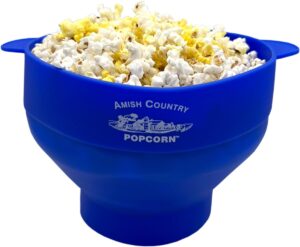 amish country popcorn | collapsible silicone microwave popper with customized acp logo | bpa and pvc free popcorn bowl with handles | dishwasher safe | includes 2-2 oz bags of kernels (blue)