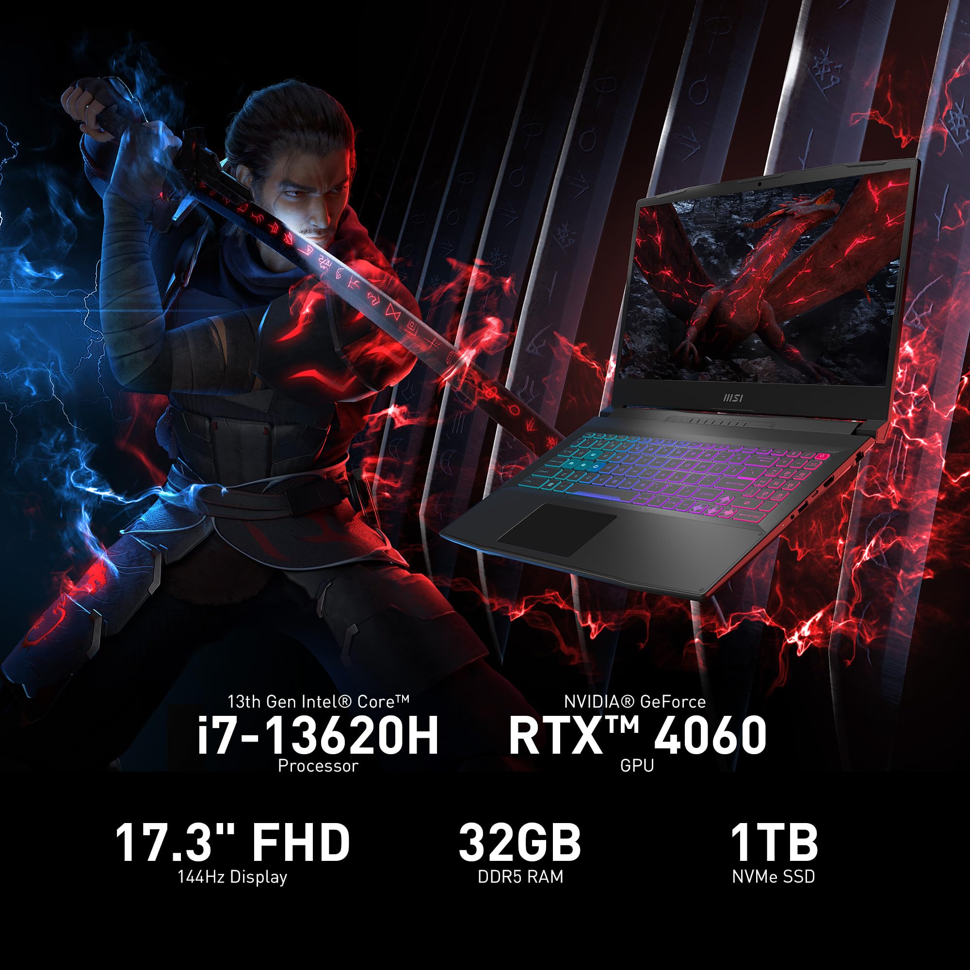 MSI Katana 17 Gaming Laptop: 13th Gen Intel Core i7, GeForce RTX 4060, 17.3" 144Hz FHD Display, 32GB DDR5, 1TB NVMe SSD, USB-Type C, Cooler Boost 5, Win11 Home: Black B13VFK-835US