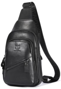 bullcaptain mens leather sling bag backpack casual outdoor shoulder crossbody chest bag with usb charging port (black)