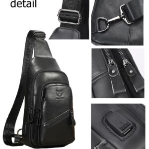 BULLCAPTAIN Mens Leather Sling Bag Backpack Casual Outdoor Shoulder Crossbody Chest Bag with USB Charging Port (Black)