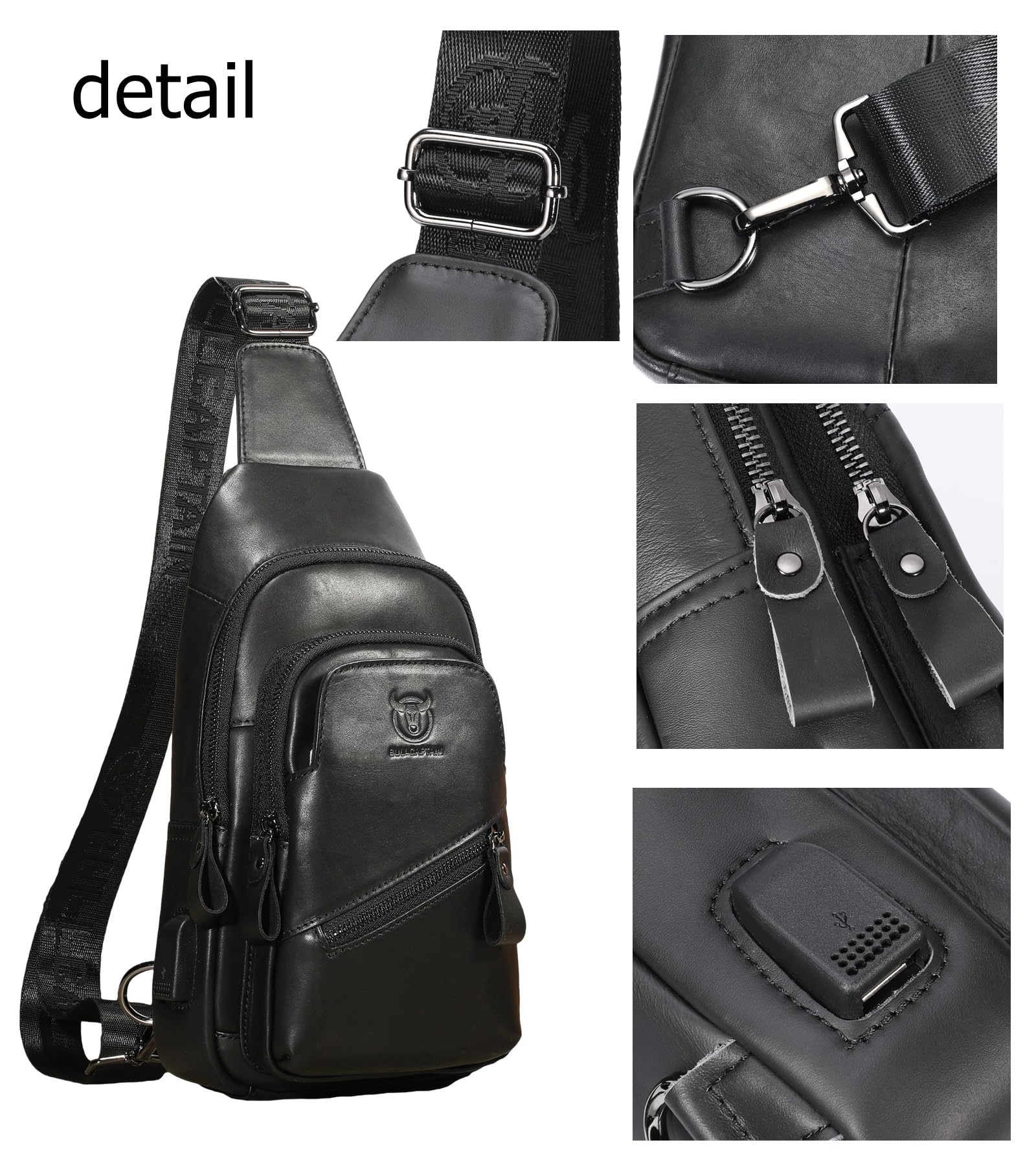 BULLCAPTAIN Mens Leather Sling Bag Backpack Casual Outdoor Shoulder Crossbody Chest Bag with USB Charging Port (Black)