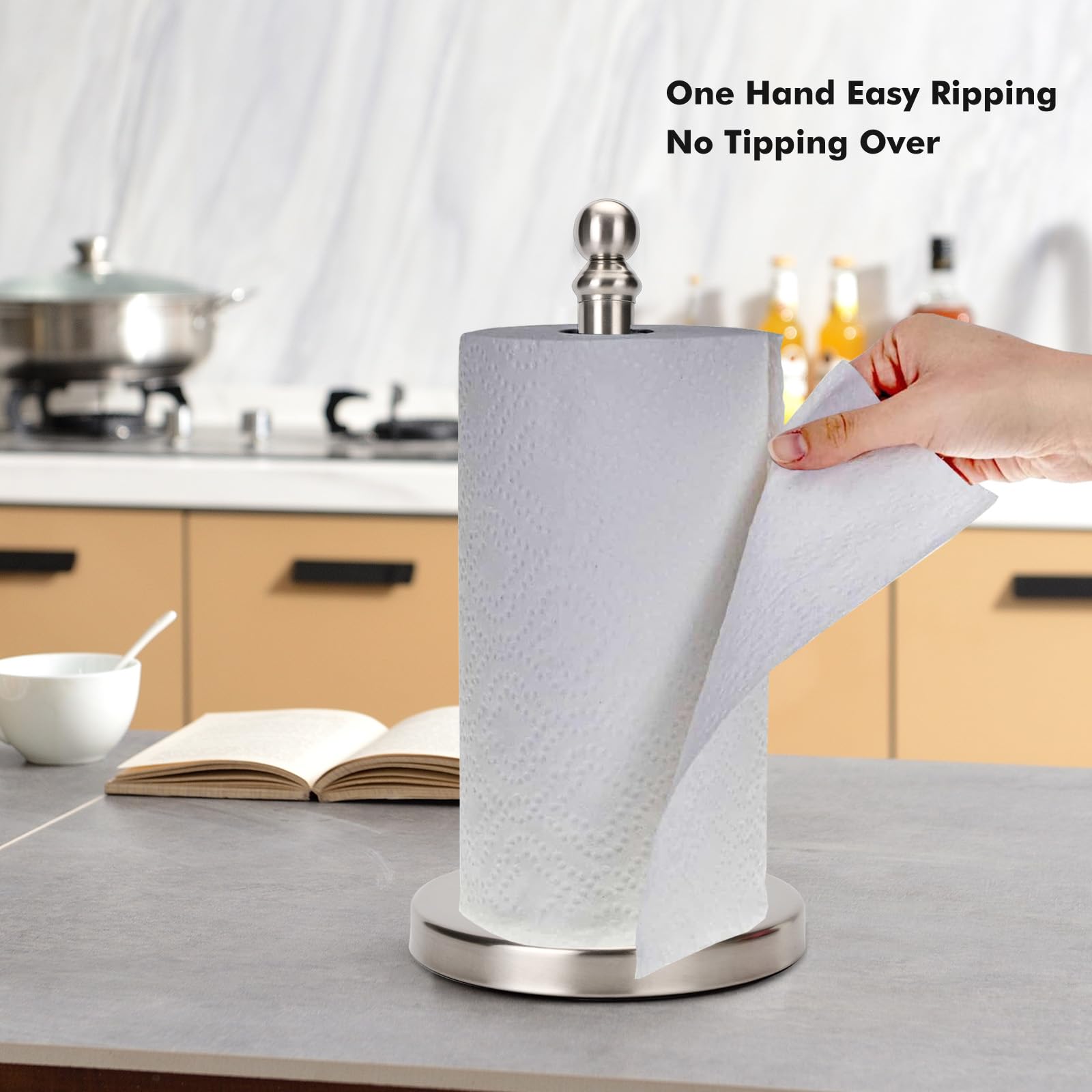 Paper Towel Holder Countertop, Standing Paper Towel Roll Holder for Kitchen Bathroom, with Weighted Base for One-Handed Operation (Brushed Nickel)