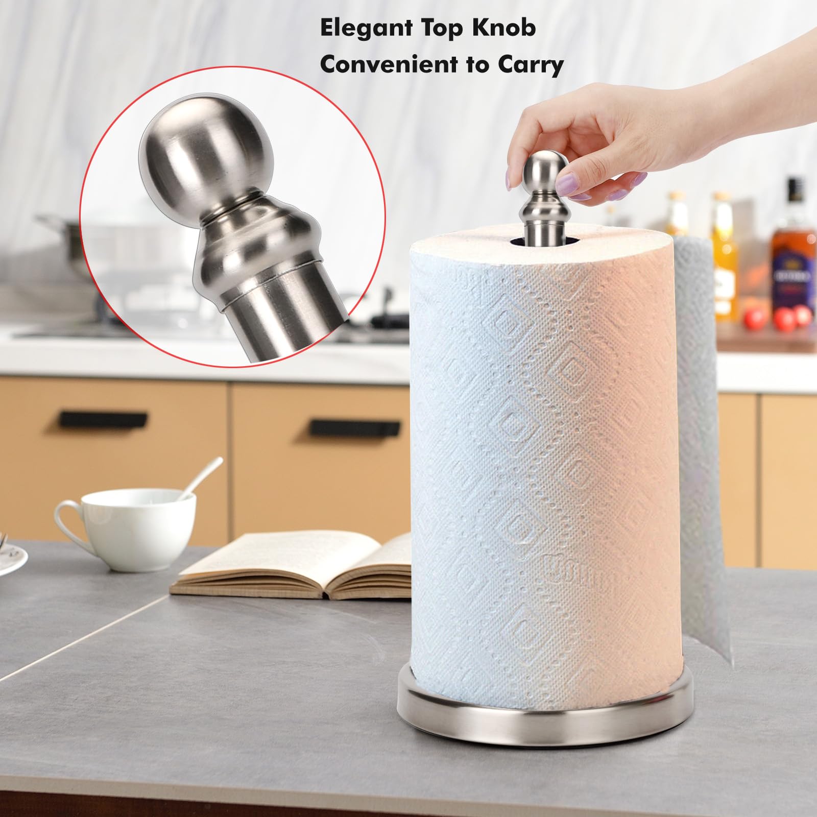 Paper Towel Holder Countertop, Standing Paper Towel Roll Holder for Kitchen Bathroom, with Weighted Base for One-Handed Operation (Brushed Nickel)