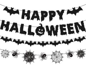 happy halloween banner, no-diy spider web halloween decorations garland bat garland black glitter halloween banner, spider garland for halloween office decorations halloween classroom decorations