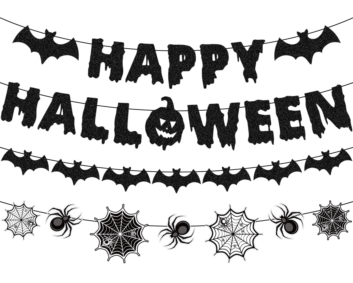 Happy Halloween Banner, NO-DIY Spider Web Halloween Decorations Garland Bat Garland Black Glitter Halloween Banner, Spider Garland for Halloween Office Decorations Halloween Classroom Decorations