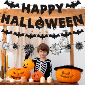 Happy Halloween Banner, NO-DIY Spider Web Halloween Decorations Garland Bat Garland Black Glitter Halloween Banner, Spider Garland for Halloween Office Decorations Halloween Classroom Decorations