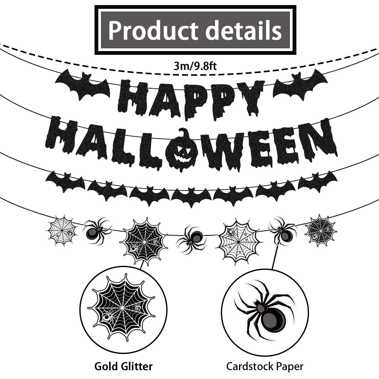 Happy Halloween Banner, NO-DIY Spider Web Halloween Decorations Garland Bat Garland Black Glitter Halloween Banner, Spider Garland for Halloween Office Decorations Halloween Classroom Decorations