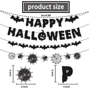 Happy Halloween Banner, NO-DIY Spider Web Halloween Decorations Garland Bat Garland Black Glitter Halloween Banner, Spider Garland for Halloween Office Decorations Halloween Classroom Decorations