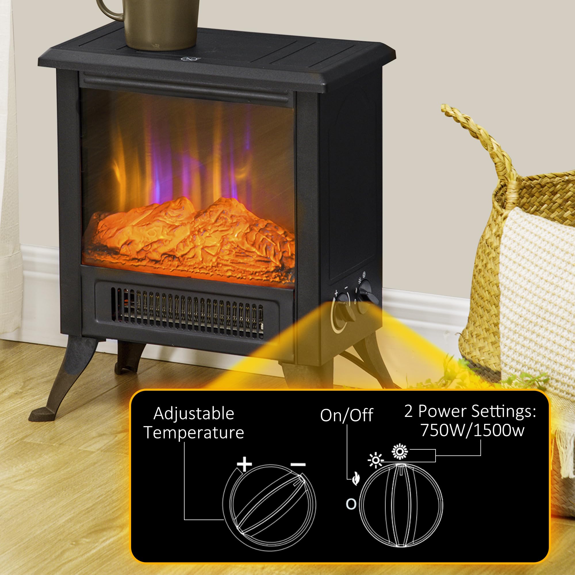 HOMCOM 17" Electric Fireplace Stove with Two Heating Modes, Freestanding Fire Place Heater with Realistic Logs LED Flame, Adjustable Temperature, Overheat Protection, 750W/1500W, Black