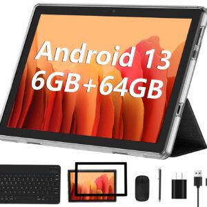 Android 13 Tablet 2023 New 10 Inch Tablets with 6GB RAM + 64GB ROM + 1TB Expanded Ouad-Core, 2 in 1 Tablet with Keyboard Mouse WiFi 6 Bluetooth, GMS Certified IPS Touch Screen Tablet - Black Set