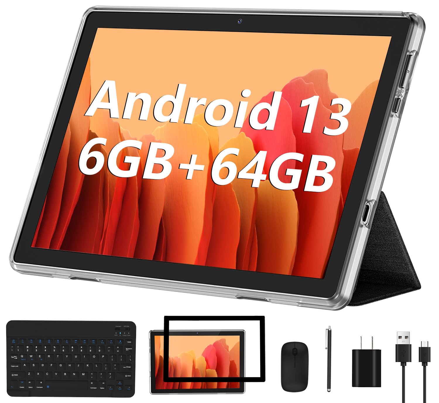 Android 13 Tablet 2023 New 10 Inch Tablets with 6GB RAM + 64GB ROM + 1TB Expanded Ouad-Core, 2 in 1 Tablet with Keyboard Mouse WiFi 6 Bluetooth, GMS Certified IPS Touch Screen Tablet - Black Set