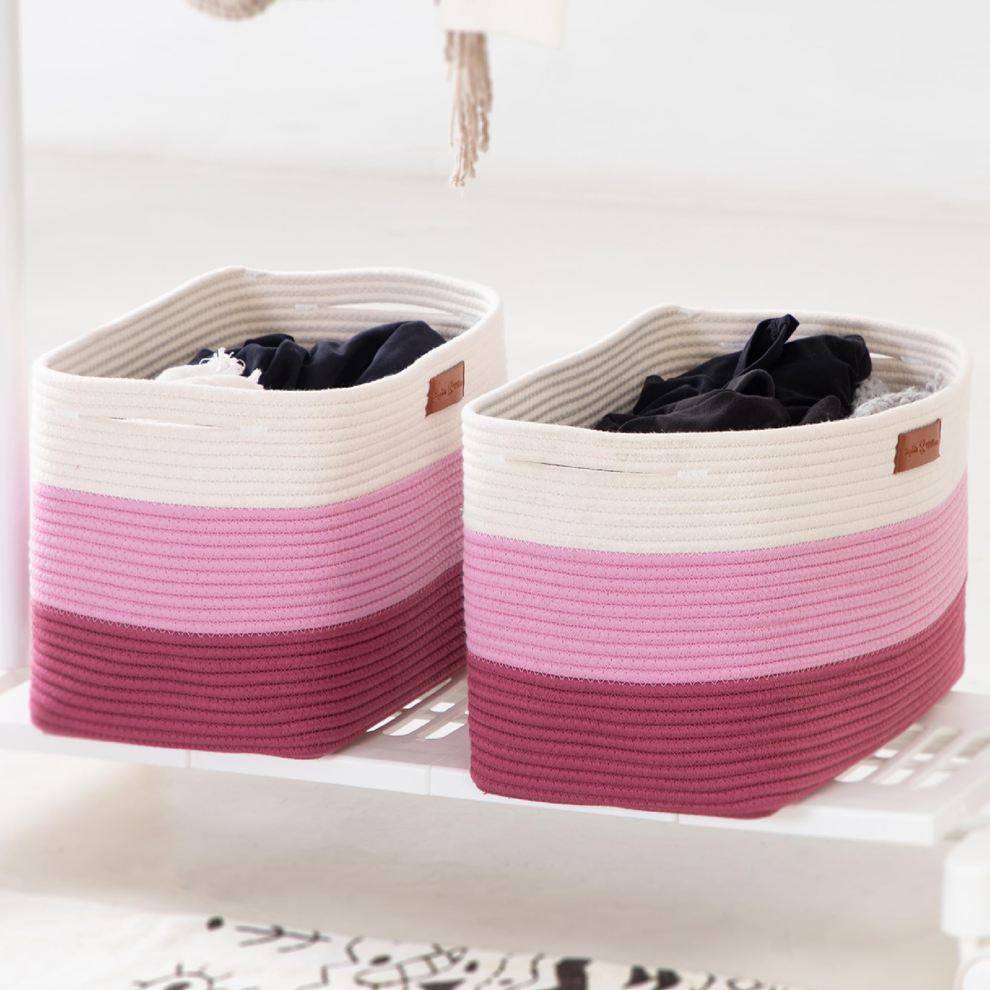 PHI VILLA Large Cotton Rope Basket, Woven Nursery Laundry Blanket Basket Toy Basket with Handles for Storage, Living Room, 15 x 10 x 8 inches, ‎Gradient Pink, 1-Pack
