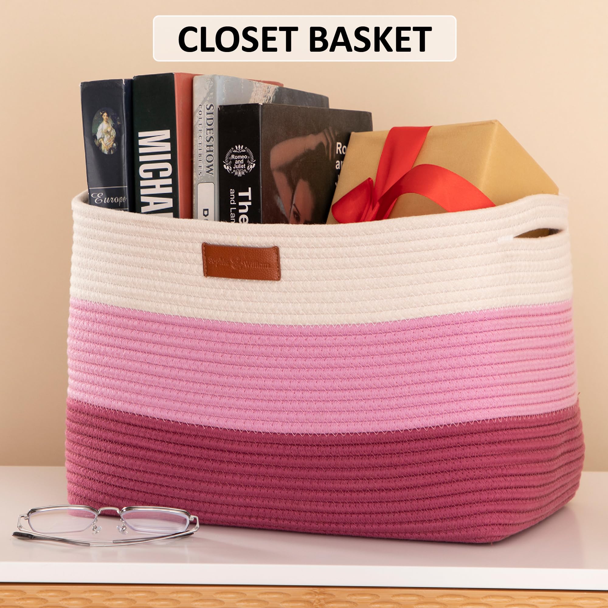 PHI VILLA Large Cotton Rope Basket, Woven Nursery Laundry Blanket Basket Toy Basket with Handles for Storage, Living Room, 15 x 10 x 8 inches, ‎Gradient Pink, 1-Pack