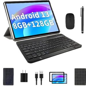 COLORROOM 2024 New 2 in 1 Tablet PC, 10inch Android 13 Tablet with Keyboard, 8GB+128GB, Case, Mouse, Stylus, Quad Core 2.0GHz, HD Touch Screen, Dual Camera, Dual Wi-Fi 6, Bluetooth, Tableta PC