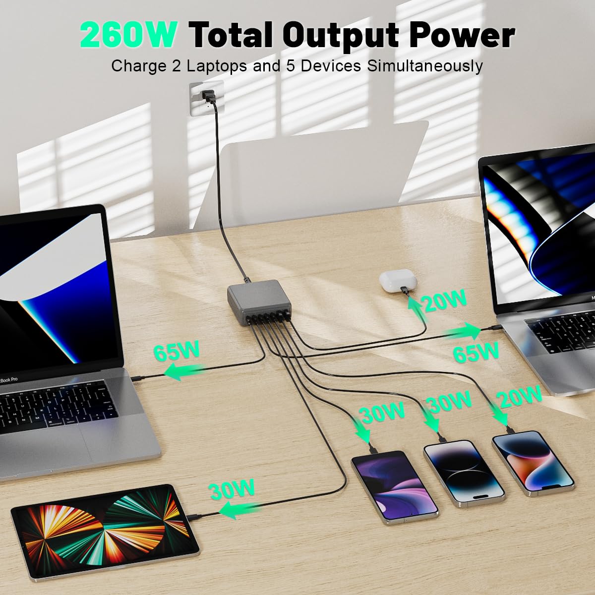 USB C Charger, 260W 7-Port Desktop USB C Charging Station, 2x65W Ports USB C Laptop Charger Compatible with MacBook Pro/Air, iPad Series,iPhone 14/13/Mini/Pro/13Pro Max/12 Samsung Galaxy, White