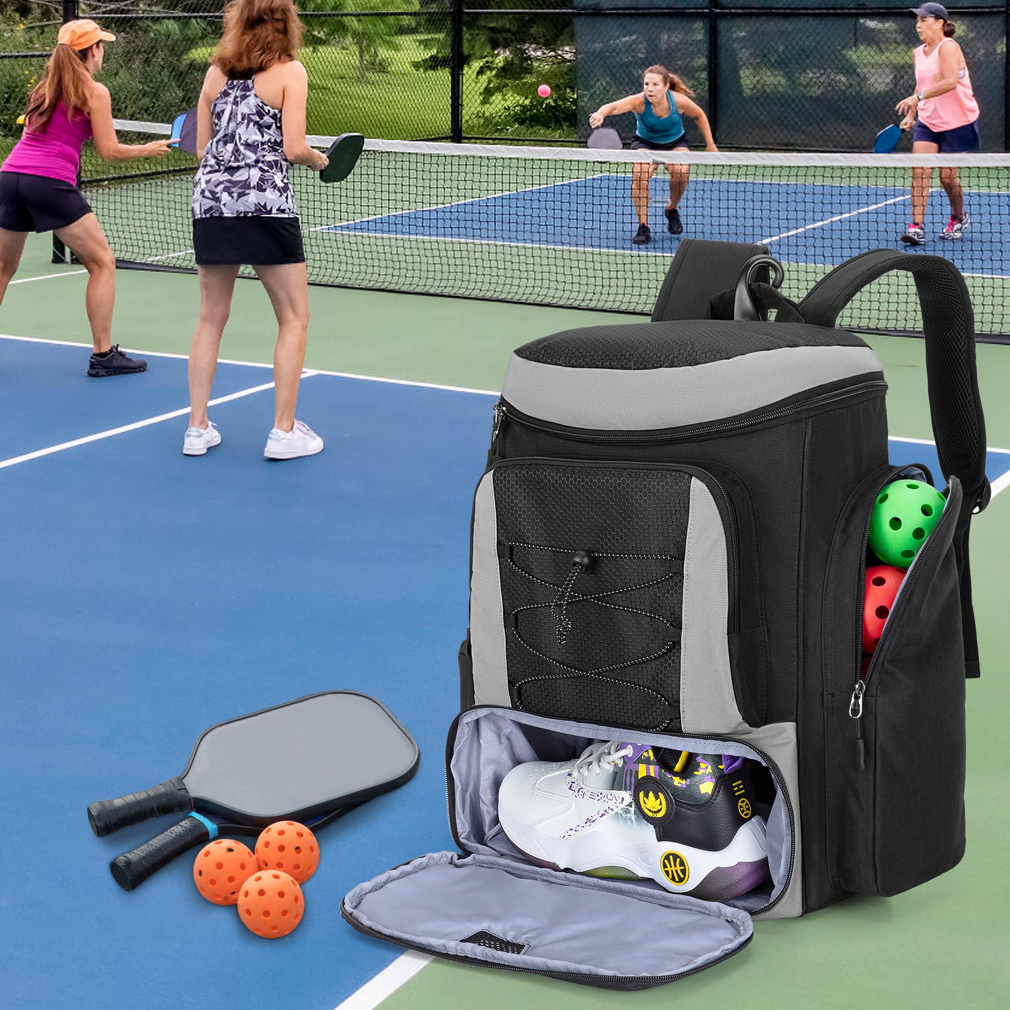 GOBUROS Pickleball Paddle Bag Backpack for 4 Rackets with Fence Hook, Pickleball Equipment Bag with Shoe Compartment for Men Women, Grey, Bag Only