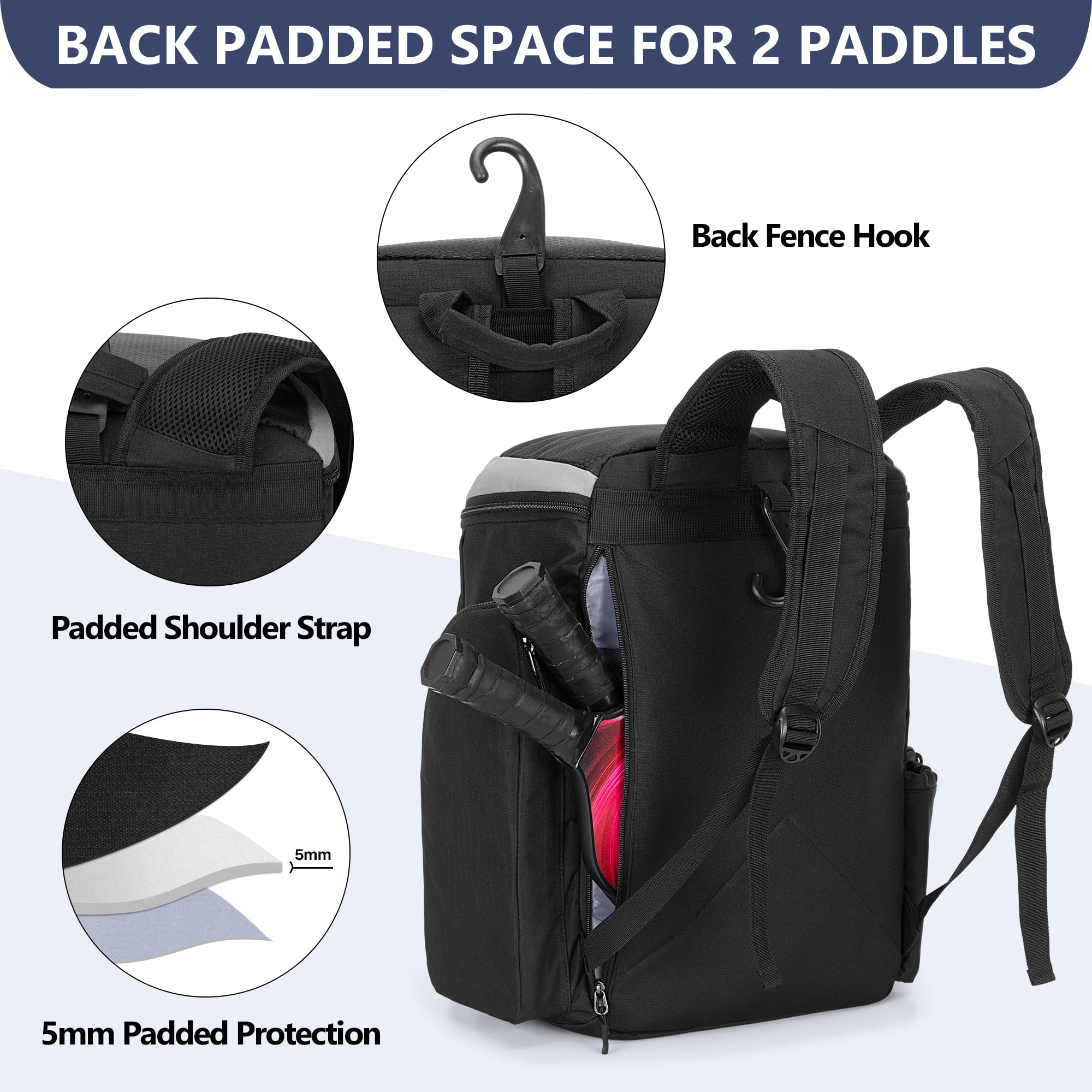 GOBUROS Pickleball Paddle Bag Backpack for 4 Rackets with Fence Hook, Pickleball Equipment Bag with Shoe Compartment for Men Women, Grey, Bag Only