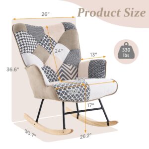 Fahomiss Nursery Rocking Chair - Accent Rocking Chair for Nursery, 330lbs Weight Capacity Glider Rocking Chair Upholstered with Patchwork Linen Fabric for Living Room Bedroom(x1, Elegant Grey)