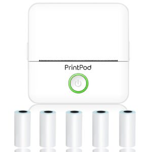 print pod wireless bluetooth sticker thermal fast printer, inkless pocket printer for diy scrapbook with 5 rolls printing paper (white)