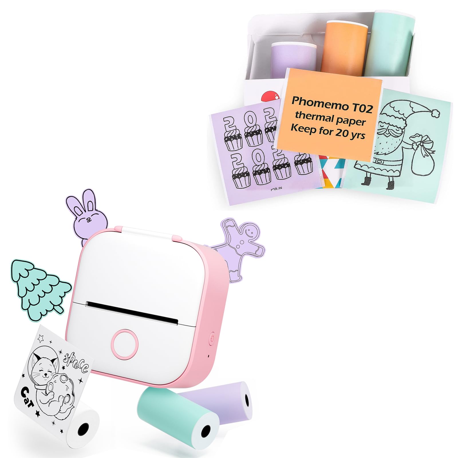 Memoqueen Mini Sticker Printer T02 Portable Thermal Printer, Instant Photo Printer Set & 3 Rolls Mint Green/Lavender Purple/Light Orange Adhesive Thermal Paper