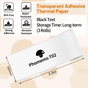 Memoqueen Mini Sticker Printer T02 Portable Thermal Printer, Instant Photo Printer Set & 3 Rolls Transparent Adhesive Thermal Paper