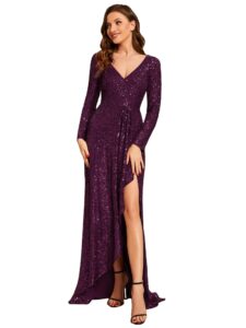 ever-pretty women's sexy deep v-neck long sleeves slit sequin cocktail dresses dark purple us10
